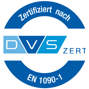 Blaues DVS-Zertifikatssiegel mit weißer Schrift auf hell- und dunkelblauem Hintergrund.